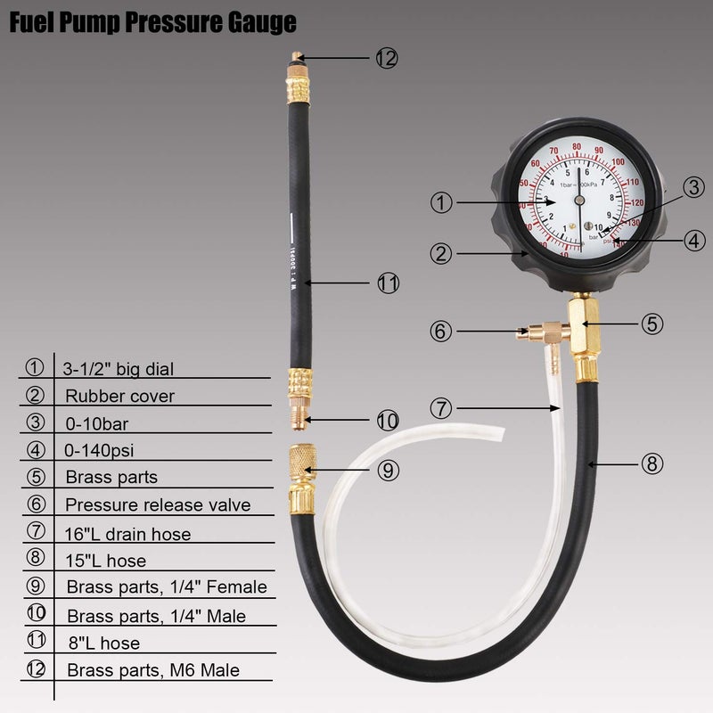 YSTOOL Fuel Pressure Tester Gauge Kit 140PSI Automotive Engine Injector Pump Test Gasoline Gas Injection Manometer Tool Set with Inline Fitting Schrader Adapter for Auto Car Motorcycle (Red Case) - Image 3